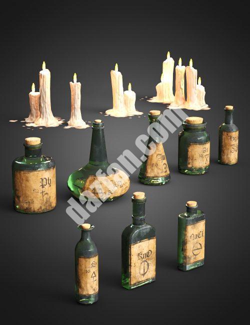 [daz道具] 炼金师工作室道具-蜡烛和小瓶-DAZ爱好者